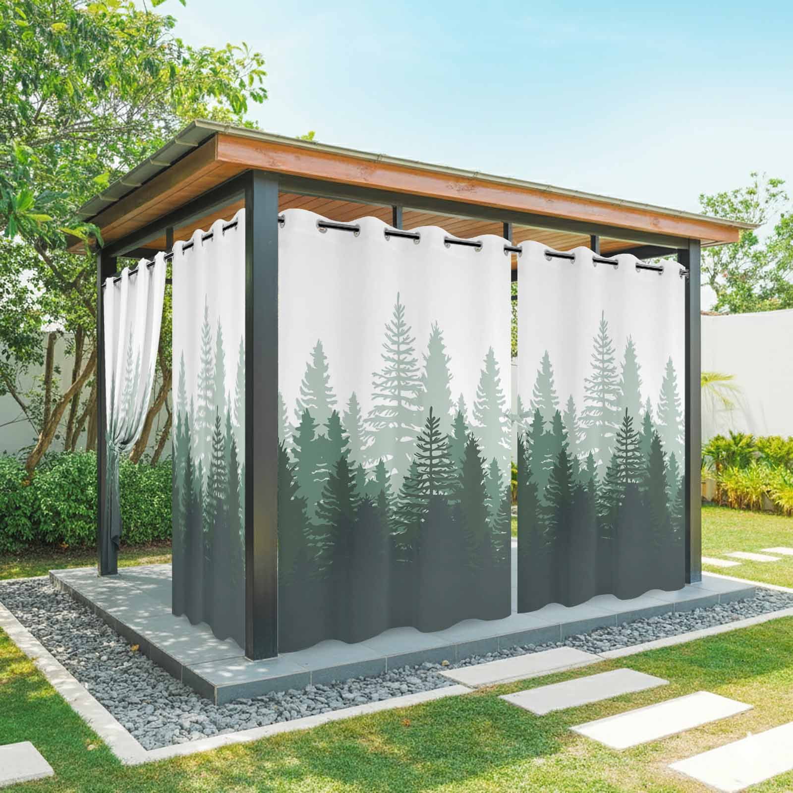 Green Forest Outdoor Curtains for Patio Waterproof, Nature Woodland Tree Misty Forest Silhouette Landscape Grommet Curtains for Porch Outside Privacy Drape for Gazebo Garden Pergola, 1 Panel, 54x84in