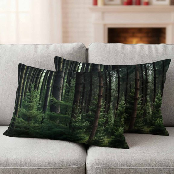 Green Forest Outdoor Pillow Covers 20x12 Set of 2,Waterproof Patio Throw Pillowcase Protectors,Mysterious Primitive Forest Pine Tree Lumbar Decorative Pillow Shams Cushion Covers for Seat Couch Sofa