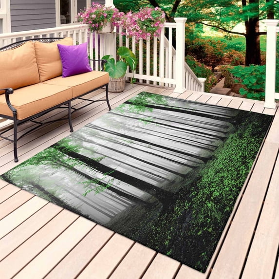 Green Forest Outdoor Rug for Patio/Deck/Porch, Non-Slip Large Area Rug 4 x 6 Ft, Vintage Foggy Woods Tree Mysterious Indoor Outdoor Rugs Washable Area Rugs, Reversible Camping Rug Carpet Runner