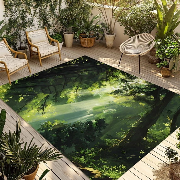 Green Forest Outdoor Rug for Patio/Deck/Porch, Non-Slip Large Area Rug 5 x 7 Ft, Nature Spring Scenic Woodland Indoor Outdoor Rugs Washable Area Rugs, Reversible Camping Rug Carpet Runner