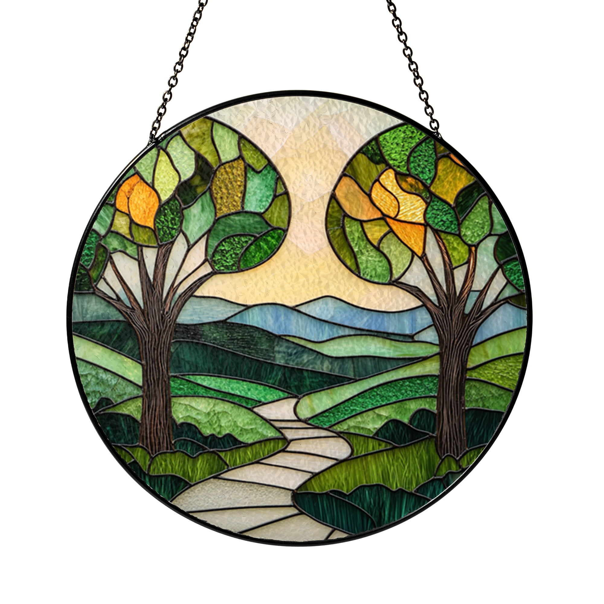 Green Forest Path Suncatcher, Decorative Stained Glass Inspired Round ...