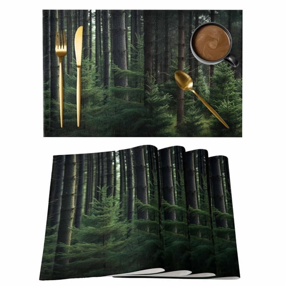 Green Forest Placemats Set of 2, Cotton Linen Fabric Place Mats, Mysterious Primitive Forest Pine Tree Washable Decorative Table Mats Protector for Home Kitchen Dining Wedding Party Coffee Tables