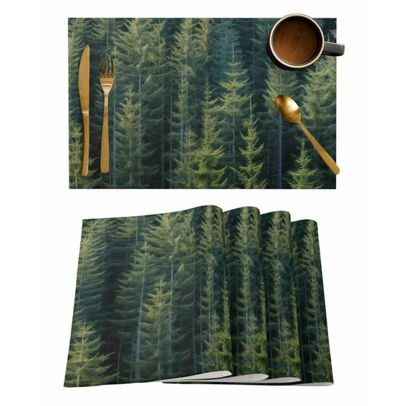 Green Forest Placemats Set of 6, Pine Tree Summer Botanical Modern Art Placemats for Dining Table, Place Mats for Kitchen Tabletop, Waterproof Wipeable Dining Table Mats Set