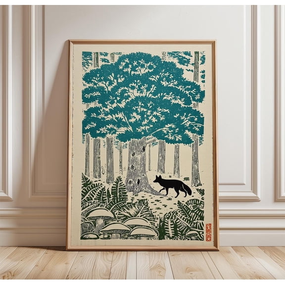 Green Forest Poster Print Fox Woodland Illustration Wall Art Nature Inspired Tree Landscape