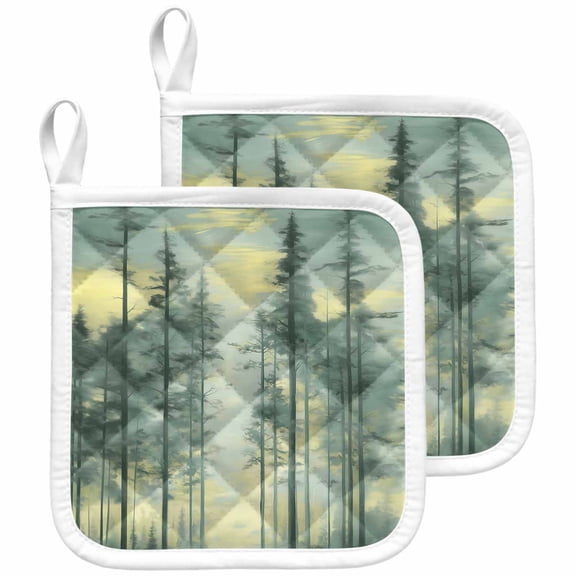 Green Forest Pot Holders for Kitchen Heatproof Potholder, 2 Pack Modern Oil Painting Art Botanical Hot Pads Multipurpose Oven Pads Cloth Potholders Trivet for Cooking and Baking