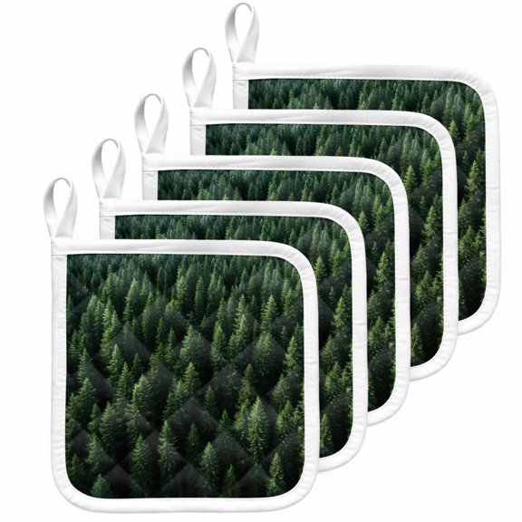 Green Forest Pot Holders for Kitchen Heatproof Potholder, 5 Pack Pine Trees Modern Mysterious Art Hot Pads Multipurpose Oven Pads Cloth Potholders Trivet for Cooking Baking