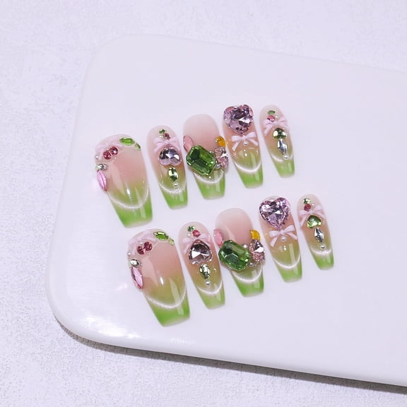 Green Forest Pure Handmade Wear Nail Advanced Sense Smile French Stack Diamond Boutique Nail Art Sheet Wholesale Flash Cat's Eye