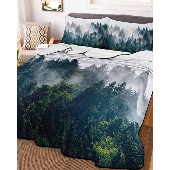Green Forest Queen Size Down Alternative Comforter, Lightweight Comforter Quilt Bedding Set with Pillow Shams Natural Landscape Modern Abstract Art All Seasons Bed Comforter Duvet Insert 90"x96"