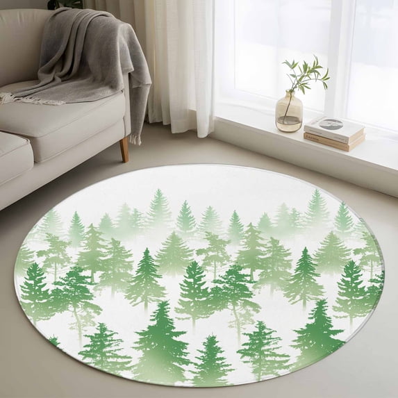 Green Forest Round Area Rug 3.3 FT, Non Slip Small Entryway Kitchen Mat, Contemporary Silhouette Abstract Art Washable Soft Circular Rug Non-Shedding Door Mat for Bathroom Playroom Kids Room