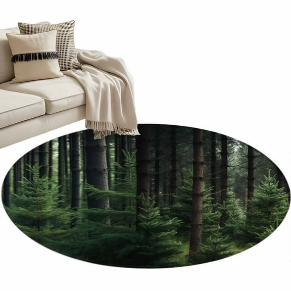 Green Forest Round Area Rug 4ft, Mysterious Primitive Forest Pine Tree Washable Non-Slip Circle Rugs for Bedroom Living Room Kitchen, Soft Non Shedding Circle Carpet for Dining Room Dorm