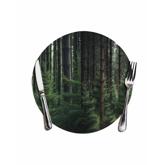 Green Forest Round Placemats for Dinning Tables,Heat-proof Braided Table Mats 13 Inch,Mysterious Primitive Forest Pine Tree Washable Place Mat for Kitchen Restaurant Party Decor Table Setting