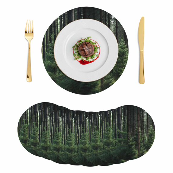 Green Forest Round Placemats Set of 8, Braided Polypropylene Place Mats, Mysterious Primitive Forest Pine Tree Washable Table Mats for Kitchen Dinner Holiday Wedding Party Coffee Table Decoration 15"