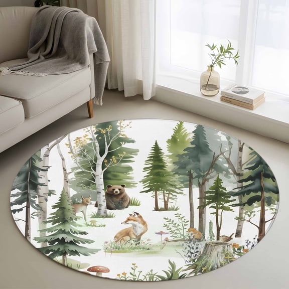 Green Forest Round Rug 3ft Washable Circle Entryway Rugs Non Slip Animals Modern Art Watercolor Area Rug Indoor Floor Carpet for Bedroom Kitchen Living Room Home Office Dining Room Nursery