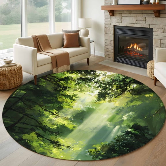 Green Forest Round Rug 5ft Washable Circle Kitchen Rugs Non Slip Nature Spring Scenic Woodland Large Area Rug Indoor Floor Carpet for Bedroom Living Room Home Office Dining Room Nursery