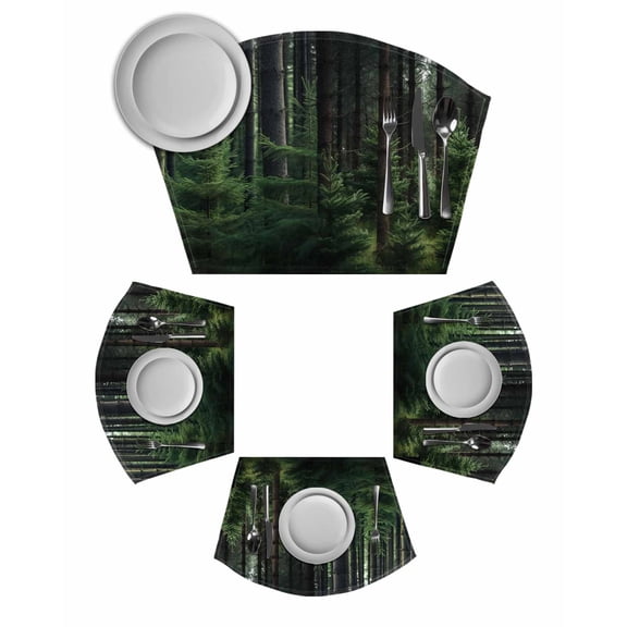 Green Forest Round Table Placemats Set of 2 Wedge Placemats, Mysterious Primitive Forest Pine Tree Place Mats for Dining Table Set Washable Mats Kitchen Decor for Indoor Outdoor Wipe Clean