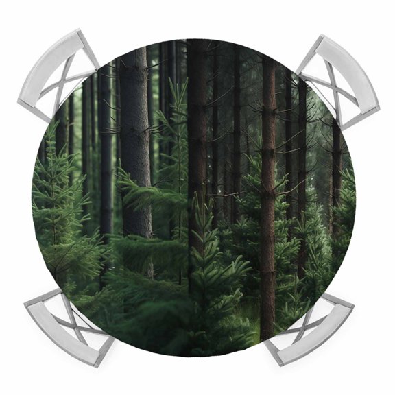 Green Forest Round Tablecloth for 55-60 Inch Tables,Fitted Table Cover with Elastic Edge,Mysterious Primitive Forest Pine Tree Waterproof Outdoor Table Cloth Protector for Patio Garden Dinner Picnic