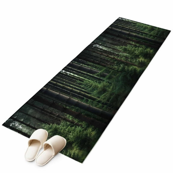 Green Forest Runner Rug 2x6 FT, Non Slip Hallway Carpet, Mysterious Primitive Forest Pine Tree Washable Soft Floor Carpet Throw Runner Carpet Long Rug for Entryway Kitchen Bedside Sliding Door