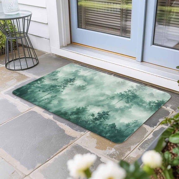 Green Forest Rustic Door Mat,Non-Slip Welcome Mat Absorbent Front Door with Rubber,Vintage Tree Scenery Watercolor Doormat Outdoor Indoor Entrance,Floor Rug Decor for Entryway Patio Kitchen,16x24 in