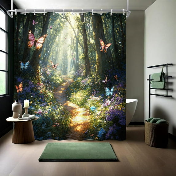 Green Forest Scene Shower Curtain Forest Botanical Fabric Bath Curtains Nature Bathroom Decor with Hooks 72Wx72L Inch