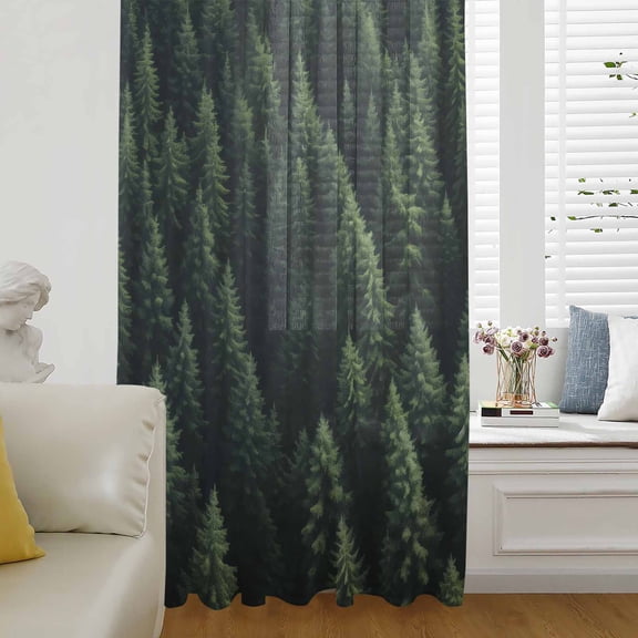 Green Forest Semi Sheer Curtains Drapes for Living Room, Bedroom, French Doors Window 54 Inches Long, Modern Pine Trees Mysterious Art Rod Pocket Chiffon Curtain Drapery Voile Draperies Panel