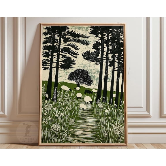 Green Forest Sheep Landscape Wall Art, Unframed Paper Poster 8x10in