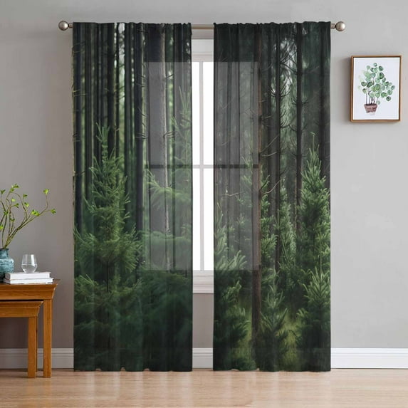 Green Forest Sheer Curtains 84 Inches Long 2 Panels Set, Window Sheer Curtains for Living Room/Bedroom, Mysterious Primitive Forest Pine Tree Light Filtering Rod Pocket Curtain 52'' x 84'' x 2