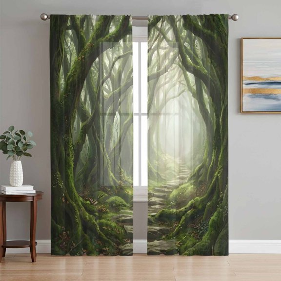 Green Forest Sheer Curtains 96 Inch Length 2 Panels Set, Misty Light Rustic Cottagecore Voile Window Treatment Semi Sheer Long Curtains Drapes for Bedroom/Living Room/Kitchen 52"x96"x2