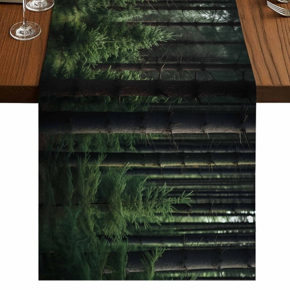 Green Forest Short Table Runner 36 Inches Long,Mysterious Primitive Forest Pine Tree Cotton Linen Table Runners Dresser Scarves,Tabletop Scarf Furniture Cover for Home Dinner Party Decor 13"x36"