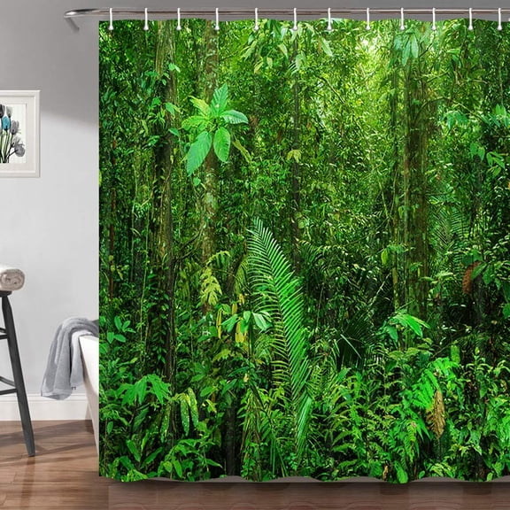 Green Forest Shower Curtain for Bathroom, Tropical Jungle Rainforest Landscape Nature Tree Exotic Plants Bath Curtain, Inches Waterproof Fabric with 12 Hooks, 72X72in