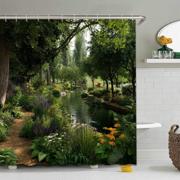 Green Forest Shower Curtain Garden Spring Lake Jungle Nature Tree Rainforest Rustic Outdoors Scene Bathroom Curtain Set Polyester Fabric Hooks-72"W x 72"L (Pack of 1)