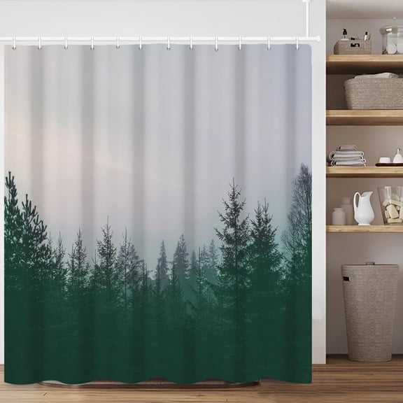 Green Forest Shower Curtain, Green Pine Trees Fabric Shower Curtain for Bathroom, Nature Dark Woodland Mountain Bathroom Shower Curtain Set with Hooks, 72x84 inches