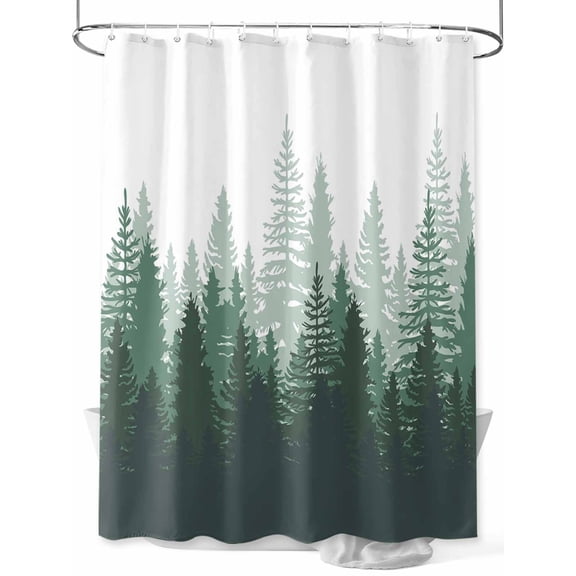 Green Forest Shower Curtain, Nature Woodland Tree Misty Forest Silhouette Landscape Waterproof Shower Curtain Set with 12 Hooks Lightweight Washable Fabric Shower Curtains for Bathroom 72x72 Inches