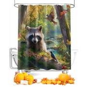 Green Forest Shower Curtain Set  Waterproof Fabric Shower Curtains Animal Raccoon Shower Curtains for Bathroom,Bathroom Decor 36"x72"