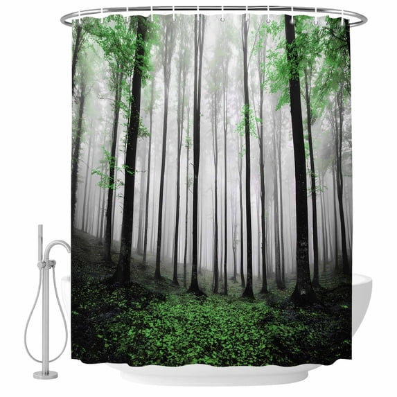 Green Forest Shower Curtain, Waterproof Shower Curtains for Bathroom, Vintage Foggy Woods Tree Mysterious Washable Fabric Bathtub Curtain Set Bath Decor with 12 Hooks Long 72"x84"