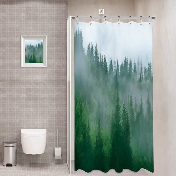 Green Forest Small Stall Shower Curtain Half 36Wx72H Inch Foggy Mountain Pine Tree Woodsy Cloudy Landscape Nature Rustic Woodland Misty Rainforest Narrow Single Waterproof Bathroom Bathtub