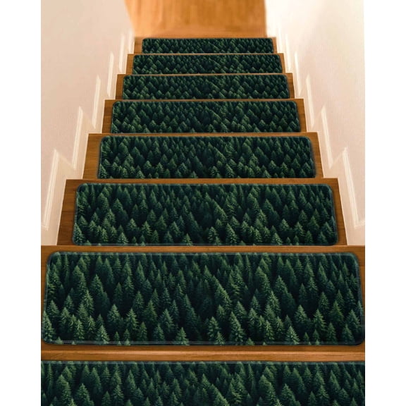 Green Forest Stair Treads for Wooden Steps Indoor Runner Rug Carpet, Modern Pine Trees Mysterious Art 15 Pieces Peel and Stick Staircase Step Treads Covers Washable Throw Door Mats, 30"x8"