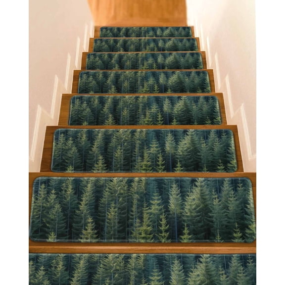 Green Forest Stair Treads for Wooden Steps Indoor Runner Rug Carpet, Pine Tree Summer Botanical Modern Art 15 Pieces Peel and Stick Staircase Step Treads Covers Washable Throw Door Mats, 30"x8"