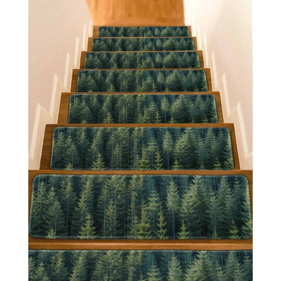Green Forest Stair Treads for Wooden Steps Indoor Runner Rug Carpet, Pine Tree Summer Botanical Modern Art 4 Pieces Peel and Stick Staircase Step Treads Covers Washable Throw Door Mats, 30"x8"