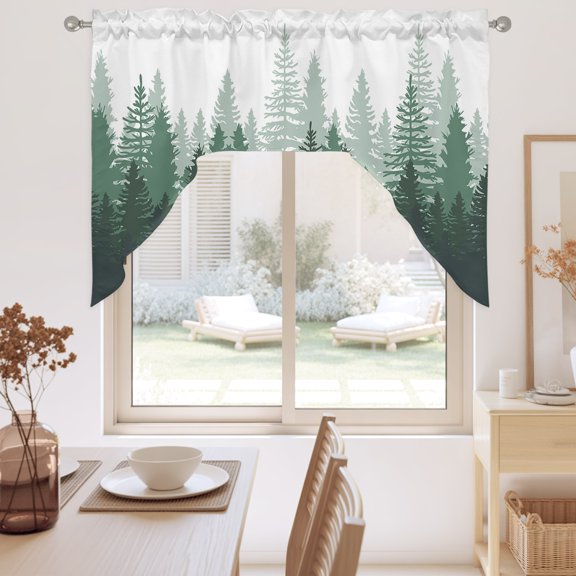 Green Forest Swag Valance for Windows, Nature Woodland Tree Misty Forest Silhouette Landscape Swag Curtains Valances for Small Window Treatment Rod Pocket for Kitchen Bathroom 1 Panel 56x36in