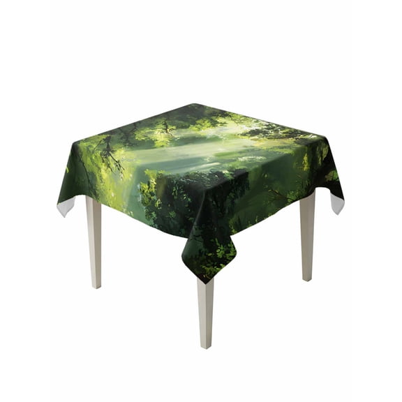 Green Forest Table Cloth, Waterproof Tablecloth for Square Tables, Nature Spring Scenic Woodland Reusable Washable Fabric Table Cover for Restaurant Kitchen Dining Tables 54"x54"