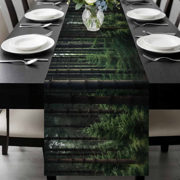 Green Forest Table Runner 36 Inches Long, Mysterious Primitive Forest Pine Tree Kitchen Coffee Dining Table Decoration for Home Party Birthday Wedding Home Decor 13x36 Inches