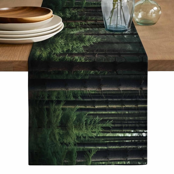Green Forest Table Runner, Mysterious Primitive Forest Pine Tree Washable Cotton Linen Table Runners 48 Inches Long, Dresser Scarf Runner for Nightstand/Coffee/End Tables 13''x48''