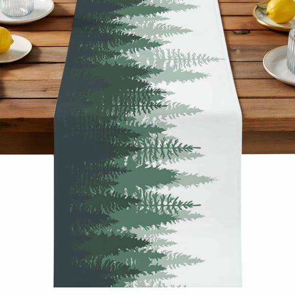 Green Forest Table Runner, Nature Woodland Tree Misty Forest Silhouette Landscape Cotton Linen Table Cloth, Tablerunner for Kitchen Dining Party Wedding Home Decor 13x90 Inch