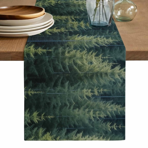 Green Forest Table Runner, Pine Tree Summer Botanical Modern Art Washable Cotton Linen Table Runners 36 Inches Long, Dresser Scarf Runner for Nightstand/End Tables/Round Tables 13''x36''