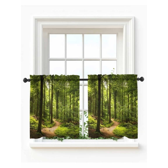 Green Forest Tier Curtains 24 Inch Length, Sheer Curtains for Bedroom Living Room Window Natural Summer Trees Cottagecore Rod Pocket Voile Drapes Kitchen Curtains Small Half Window 27.5"x24" 2 Panels