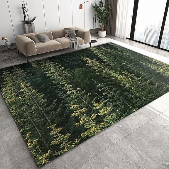 Green Forest Tree Area Rug, Primordial Misty Pine Forest Living Room Rug, Indoor Non-Slip Bedroom Rugs, Machine Washable Breathable Durable Carpet for Front Entrance Floor Decor 5 x 8ft