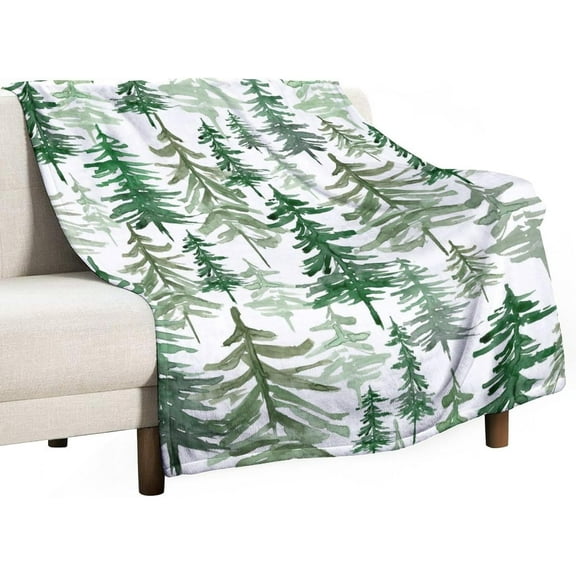 Green Forest Tree Flannel Blankets, Pine Coniferou Trees Forest Watercolor Design Throw Bed Blanket for Sofa Chair Bed 30"x40"