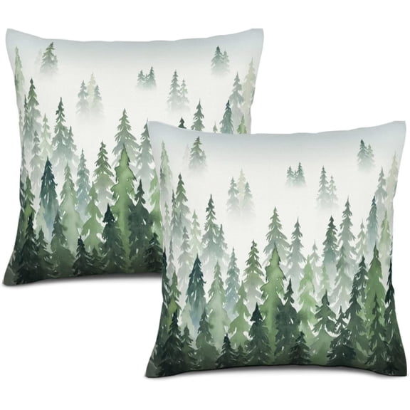 Green Forest Tree Pillow Covers Watercolor Nature Landscape Printed Throw Pillows Winter Christmas Square Linen Cushion Case for Home Sofa Couch Bed Outdoor 18x18 Set of 2