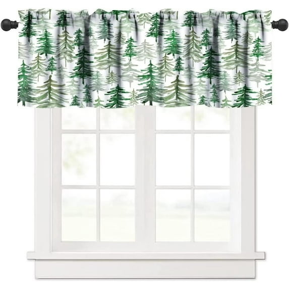 Green Forest Tree Valance Curtain, Pine Coniferou Trees Forest Watercolor Design Windows Curtain Valance for Kitchen Dining Room Canteens Home Decor, One Panel 54x18in