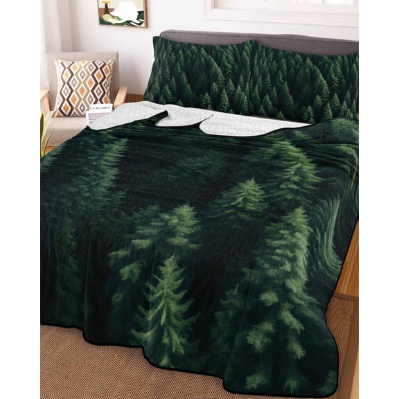 Green Forest Twin Size Down Alternative Comforter, Lightweight Comforter Quilt Bedding Set with Pillow Shams Modern Pine Trees Mysterious Art All Seasons Bed Comforter Duvet Insert 68"x86"